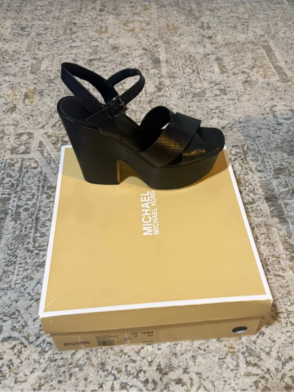 Michael Kors Black Textured Leather Platform Slingback Sandals - Picture 2 of 5